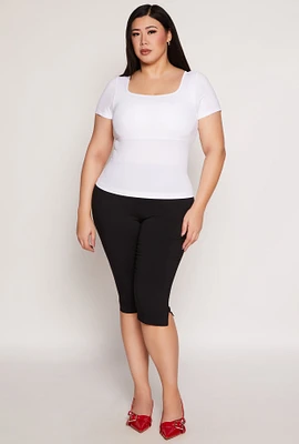 Womens Plus Size Seamless Square Neck Short Sleeve Top, White, Size 1X-2X
