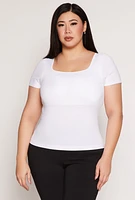 Womens Plus Size Seamless Square Neck Short Sleeve Top, White, Size 1X-2X