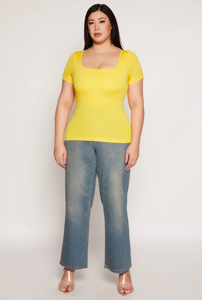 Womens Plus Size Seamless Square Neck Short Sleeve Top, Yellow, Size 1X-2X