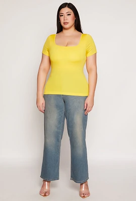 Womens Plus Size Seamless Square Neck Short Sleeve Top, Yellow, Size 1X-2X