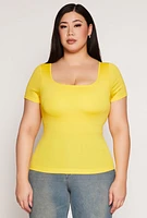 Womens Plus Size Seamless Square Neck Short Sleeve Top, Yellow, Size 1X-2X