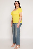 Womens Plus Size Seamless Square Neck Short Sleeve Top, Yellow, Size 1X-2X