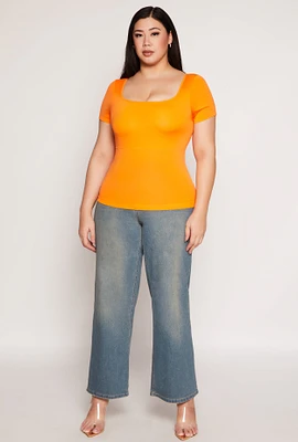Womens Plus Size Seamless Square Neck Short Sleeve Top, Orange, Size 1X-2X