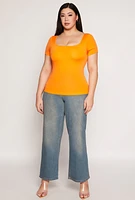 Womens Plus Size Seamless Square Neck Short Sleeve Top, Orange, Size 1X-2X