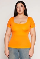 Womens Plus Size Seamless Square Neck Short Sleeve Top, Orange, Size 1X-2X