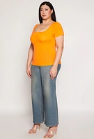 Womens Plus Size Seamless Square Neck Short Sleeve Top, Orange, Size 1X-2X