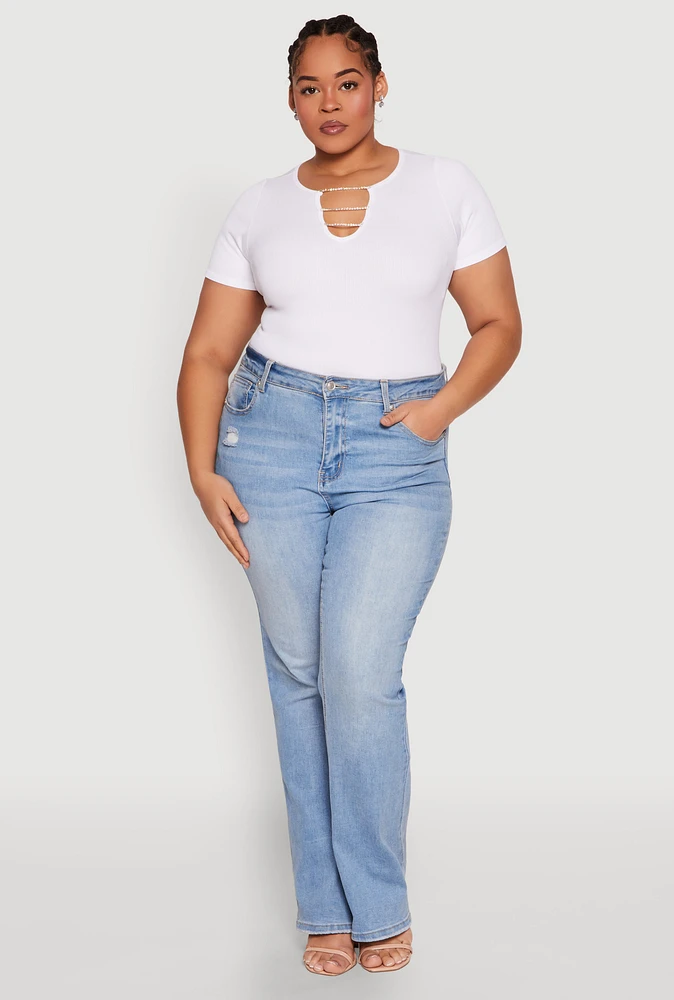 Womens Plus Size Rhinestone Caged Notch Neck Top, White, Size 2X-3X
