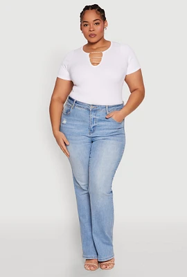 Womens Plus Size Rhinestone Caged Notch Neck Top, White, Size 2X-3X