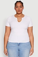 Womens Plus Size Rhinestone Caged Notch Neck Top, White, Size 2X-3X