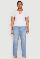 Womens Plus Size Rhinestone Caged Notch Neck Top, White, Size 2X-3X