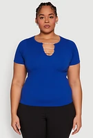 Womens Plus Size Rhinestone Caged Notch Neck Top, Blue, Size 1X-2X