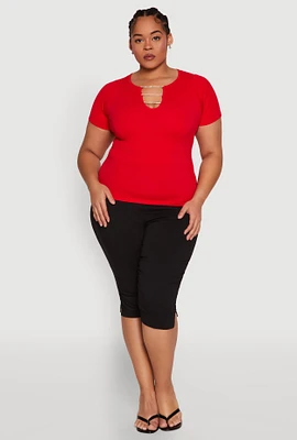 Womens Plus Rhinestone Caged Notch Neck Top,