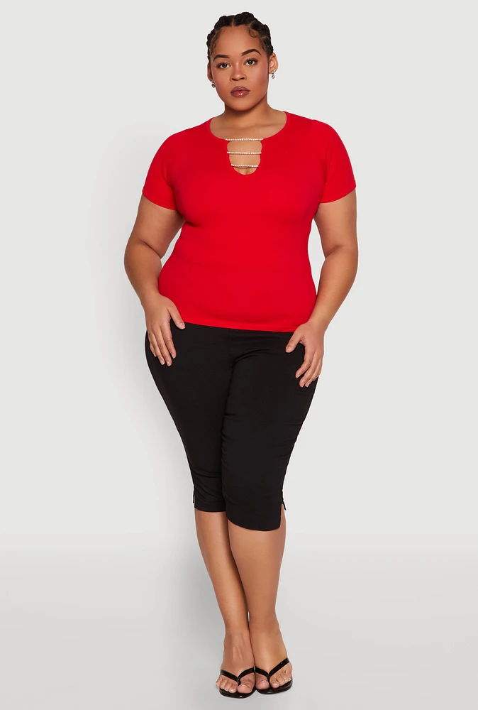 Womens Plus Size Rhinestone Caged Notch Neck Top, Red, Size 2X-3X