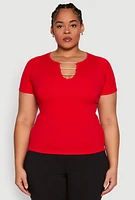 Womens Plus Rhinestone Caged Notch Neck Top,