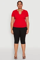Womens Plus Rhinestone Caged Notch Neck Top,