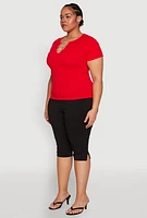 Womens Plus Size Rhinestone Caged Notch Neck Top, Red, Size 2X-3X