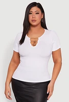 Womens Plus Seamless Rib Knit Chain Keyhole Tee, White,