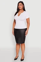 Womens Plus Seamless Rib Knit Chain Keyhole Tee, White,