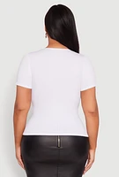 Womens Plus Seamless Rib Knit Chain Keyhole Tee, White,