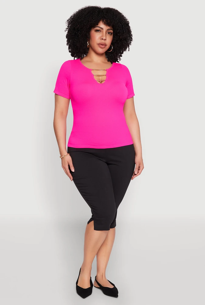 Womens Plus Size Seamless Rib Knit Chain Keyhole Tee, Pink, Size 2X-3X