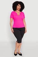 Womens Plus Size Seamless Rib Knit Chain Keyhole Tee, Pink, Size 2X-3X