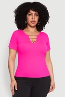 Womens Plus Size Seamless Rib Knit Chain Keyhole Tee, Pink, Size 2X-3X