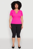 Womens Plus Size Seamless Rib Knit Chain Keyhole Tee, Pink, Size 2X-3X