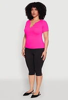 Womens Plus Size Seamless Rib Knit Chain Keyhole Tee, Pink, Size 2X-3X