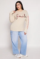 Womens Plus Size Sequin Smile Long Sleeve Tee, Beige, Size 2X