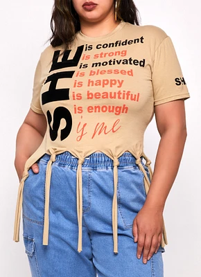 Womens Plus Size She Is Knotted Fringe Graphic Top, Beige, Size 2X