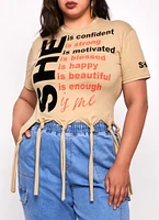 Womens Plus Size She Is Knotted Fringe Graphic Top, Beige, Size 2X