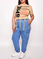 Womens Plus Size She Is Knotted Fringe Graphic Top, Beige, Size 2X