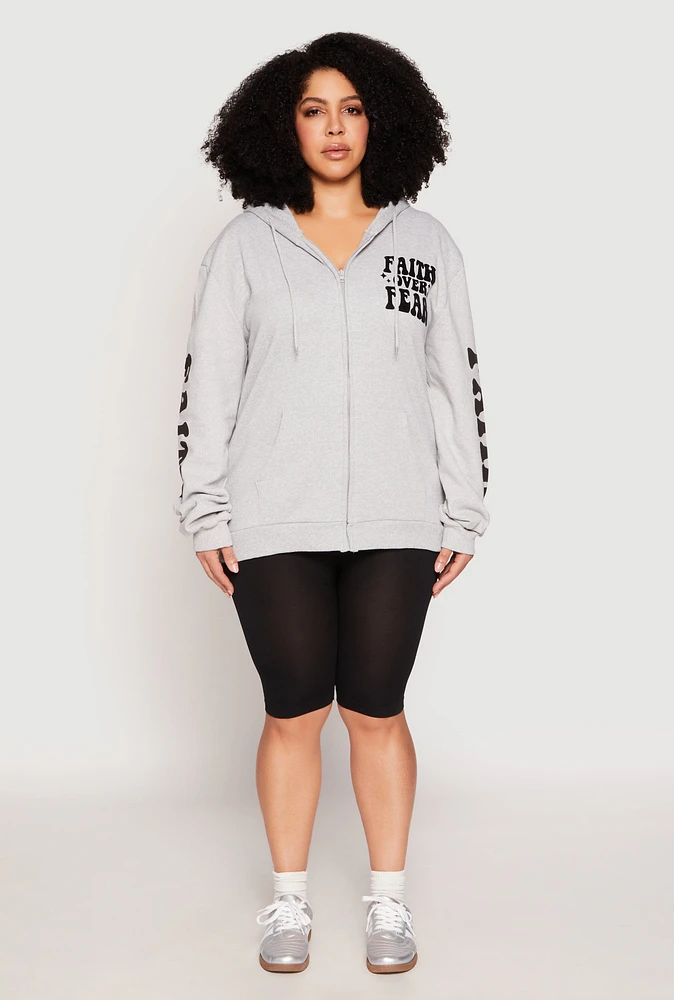 Womens Plus Size Faith Over Fear Zip Front Hoodie, Grey, Size 2X