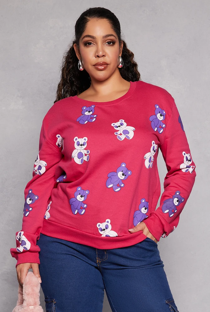 Womens Plus Size Bear Print Graphic Sweatshirt, Pink, Size 3X