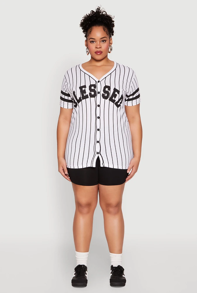 Womens Plus Size Blessed 1 Pinstripe Baseball Shirt, Multi, Size 3X