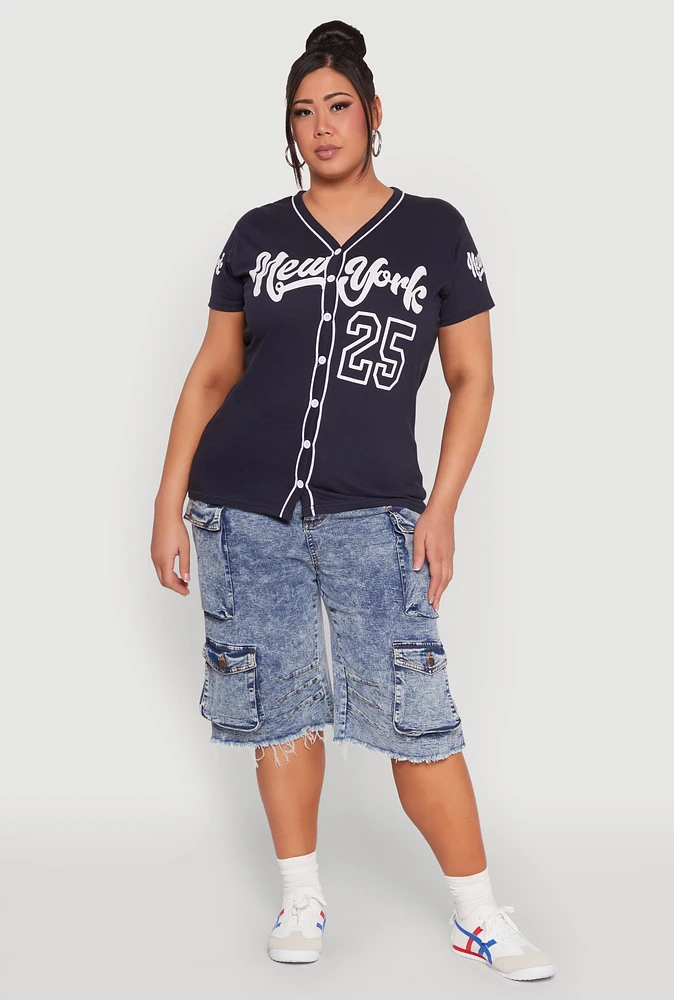 Womens Plus Size New York 25 Graphic Baseball Tee, Blue, Size 1X