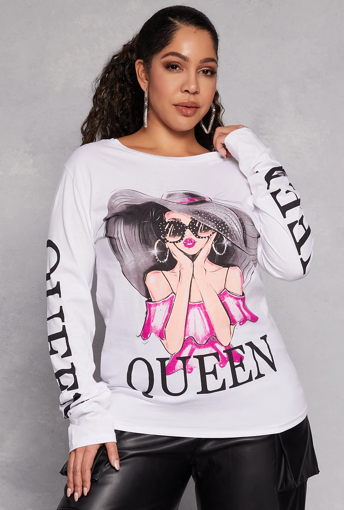 Womens Plus Size Queen Graphic Long Sleeve Tee, White, Size 1X