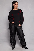 Womens Plus Size Velvet Burnout Cross Print Sweatshirt, Black, Size 2X