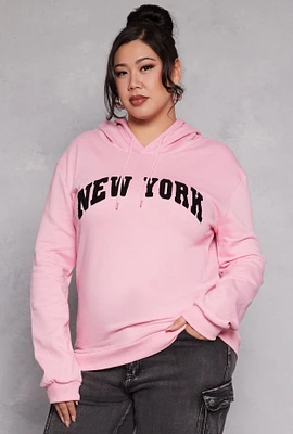 Womens Plus Size New York Chenille Patch Hoodie, Pink, Size 1X