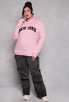 Womens Plus Size New York Chenille Patch Hoodie, Pink, Size 1X