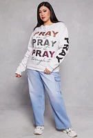 Womens Plus Size Sequin Pray Sweatshirt, Grey, Size 2X