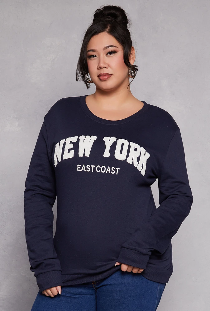 Womens Plus Size New York Chenille Patch Sweatshirt, Blue, Size 1X