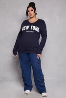 Womens Plus Size New York Chenille Patch Sweatshirt, Blue, Size 1X