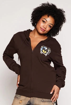 Womens Plus Size Bear Chenille Graphic Zip Front Hoodie, Brown, Size 1X