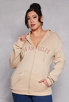 Womens Plus Size Los Angeles Zip Front Hoodie, Beige, Size 1X