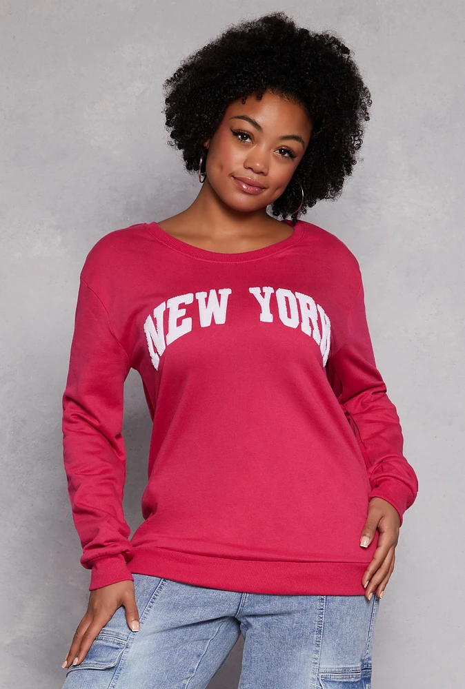 Womens Plus Size New York Chenille Graphic Sweatshirt, Pink, Size 1X