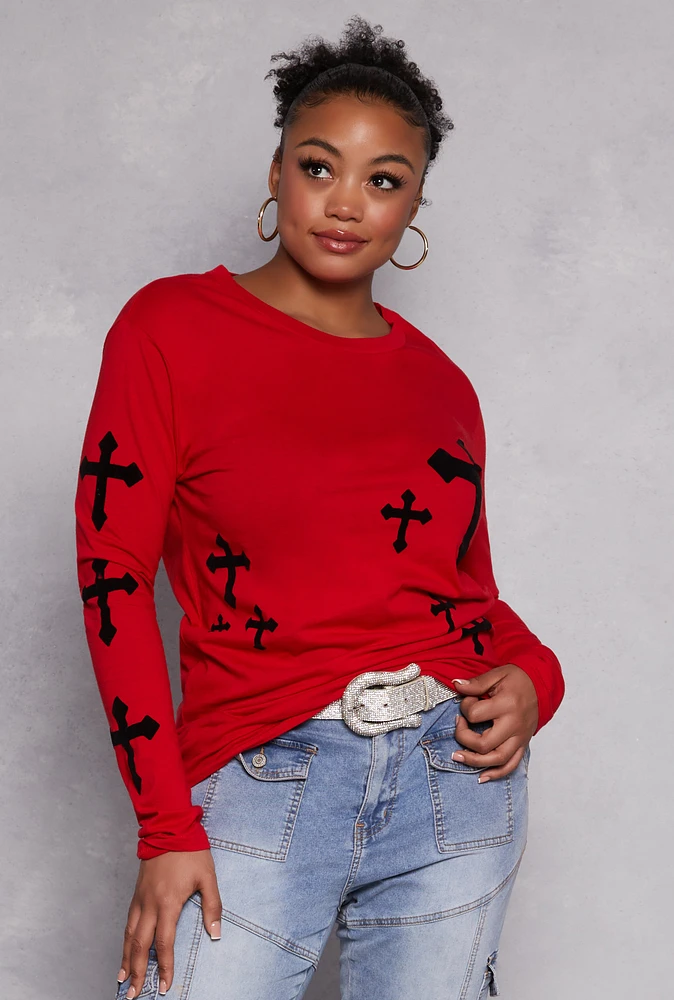 Womens Plus Size Velvet Burnout Cross Graphic T Shirt, Red, Size 1X