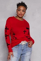 Womens Plus Size Velvet Burnout Cross Graphic T Shirt, Red, Size 1X