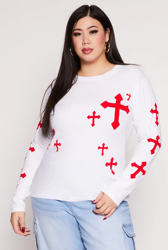 Womens Plus Size Velvet Burnout Cross Graphic T Shirt, White, Size 1X