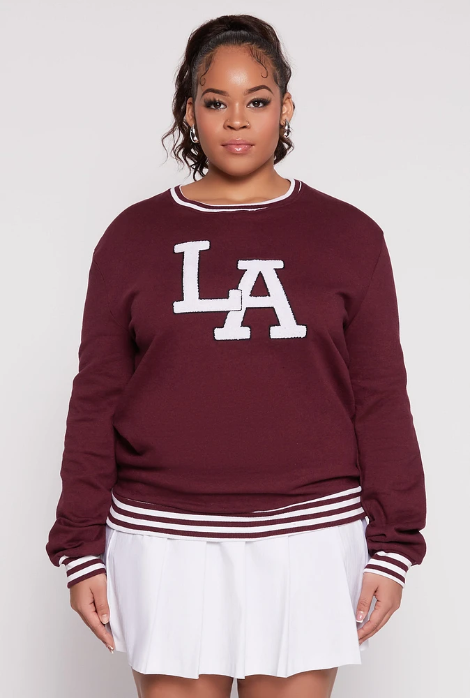 Womens Plus Size Chenille LA Varsity Sweatshirt, Burgundy, Size 3X